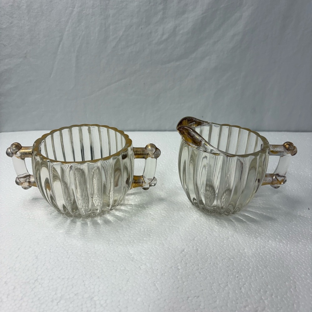 Vintage Jeanette Glass National Pattern Gold Trim Cream & Sugar Set 1950’s Used